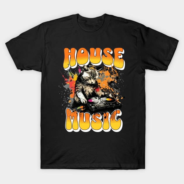 HOUSE MUSIC  - Feline Dj On Decks 3 (white, orange) T-Shirt by DISCOTHREADZ 